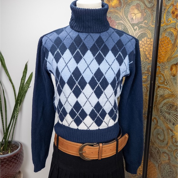 Hollister Sweaters - Argyle Navy Turtleneck Sweater Blue Diamond Knit Hollister Y2K Preppy XS